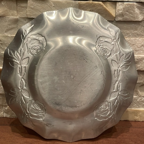 Vintage Mid Century Hammered Aluminum Decorative Silver Rose Serving Tray - Picture 6 of 6